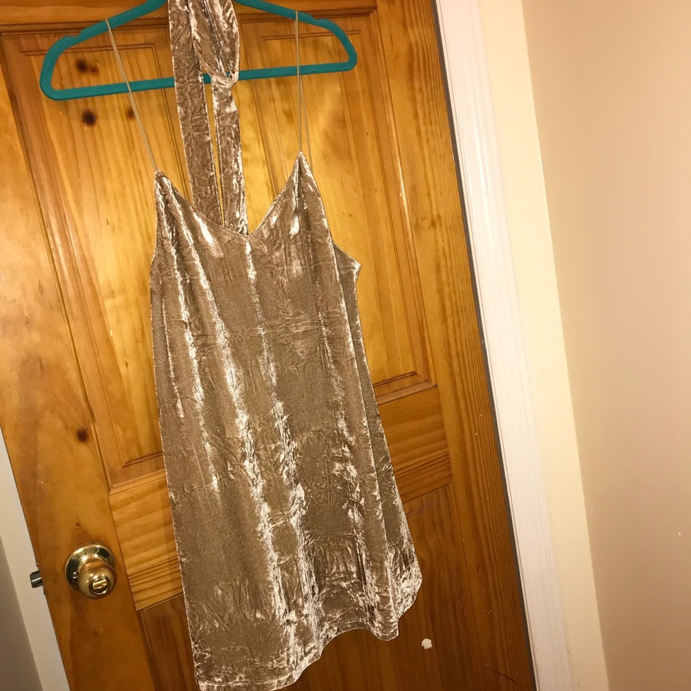 Velvet tan slip dress with neck tie